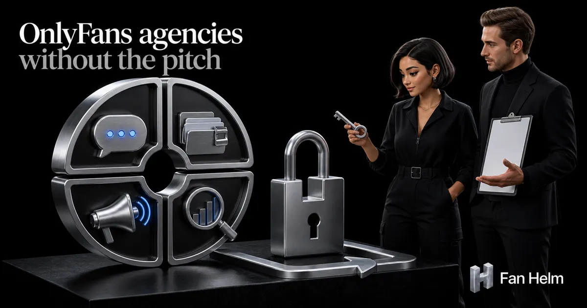 A creator keeps hold of her account key while inspecting a four-service agency wheel with a visible exit route
