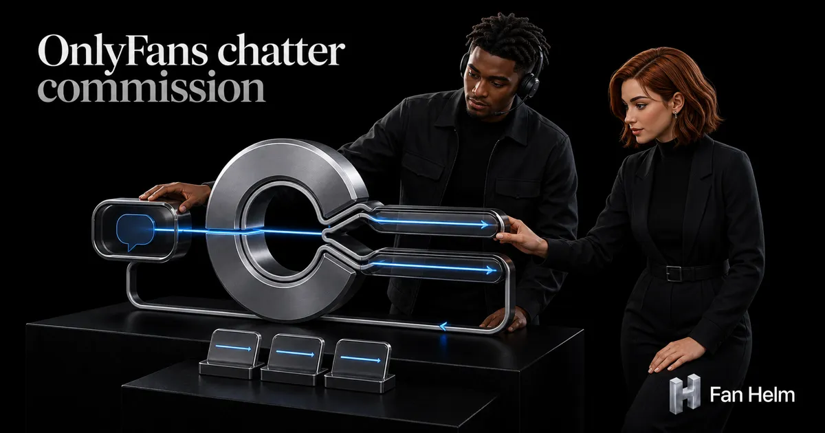 A chatter and a creator agree a revenue split around a segmented commission wheel and message-attribution path