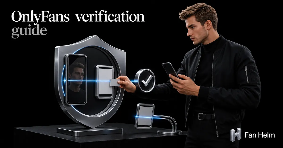 A creator presents a phone and a blank ID card beside a chrome scan shield and verification check